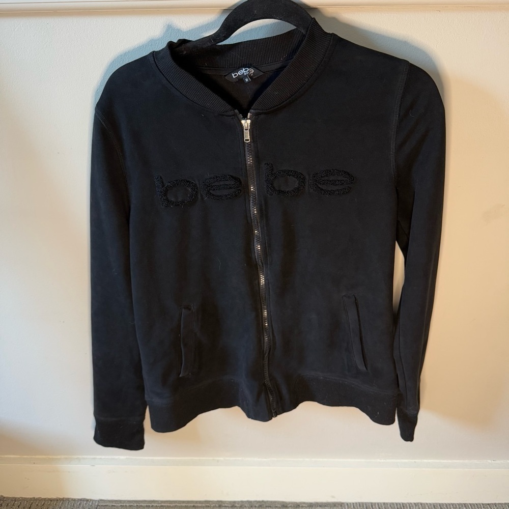 Bebe Black Velvet Zip Up Jacket with Pockets